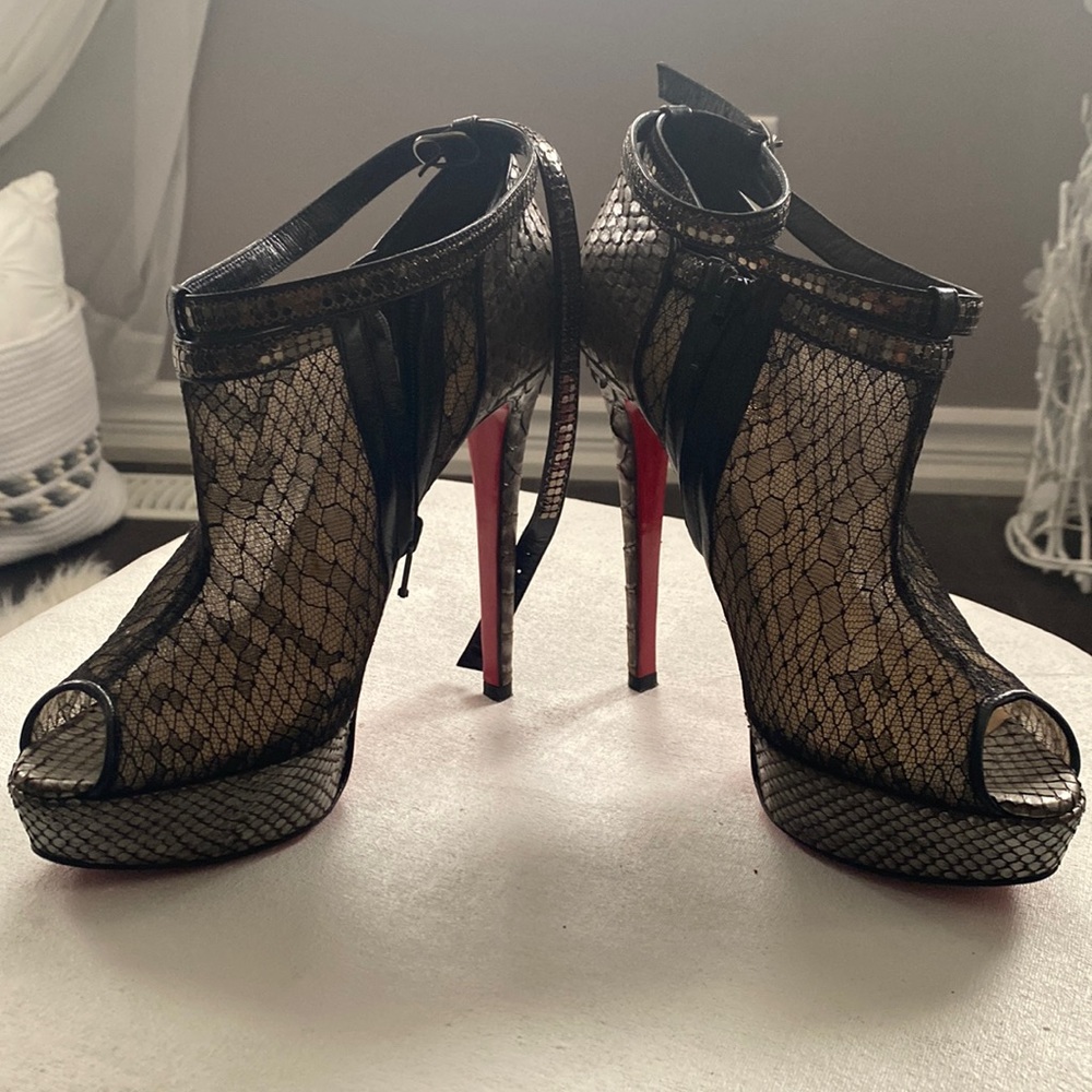 Christian Louboutin high heel snakeskin boots ankle strap 37 1/2 booties